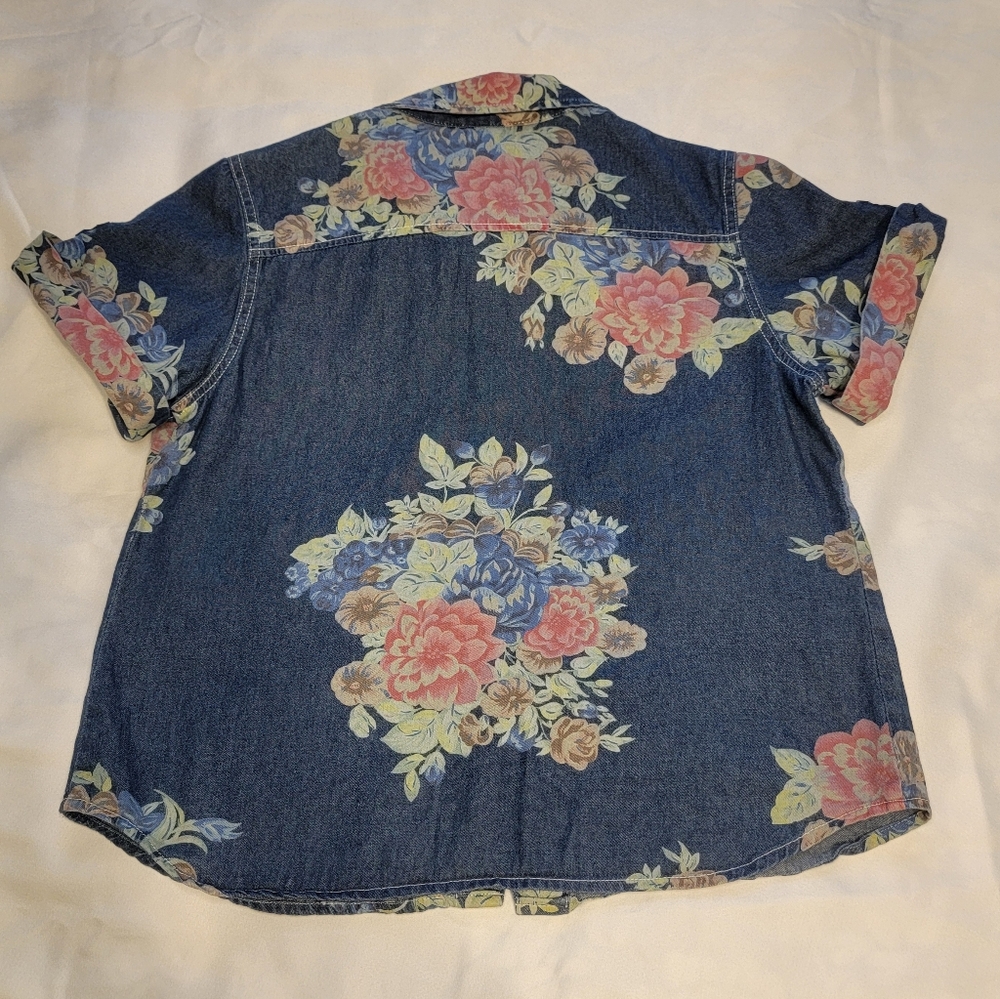 VTG Denim Floral Button Up Shirt Short Sleeve Sag Harbor Woman Retro Feminine - Picture 5 of 9